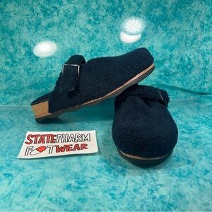 Clarks Brynn Slide Mule Women’s Navy Blue Sherpa Lined Slip On Shoes Size